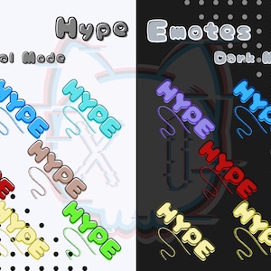 May include: A digital illustration of the word "Hype" in various colors and styles. The text is displayed in a grid pattern with a black and white polka dot background. The text "Hype Emotes" is displayed at the top of the image, with "Normal Mode" and "Dark Mode" displayed below the grid.