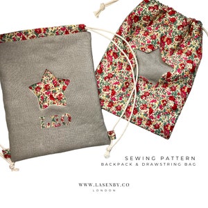May include: Sewing pattern for a backpack and drawstring bag. The backpack is gray with a star-shaped cutout and the name "Leo" embroidered on it. The drawstring bag is made of a floral fabric with a star-shaped cutout.