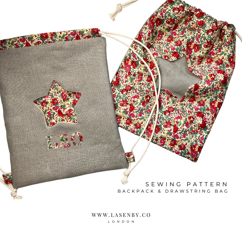 May include: Sewing pattern for a backpack and drawstring bag. The backpack is gray with a star-shaped cutout and the name "Leo" embroidered on it. The drawstring bag is made of a floral fabric with a star-shaped cutout.