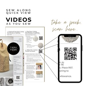 May include: A sewing pattern guide with the text "SEW ALONG QUICK VIEW VIDEOS AS YOU SEW." The guide includes instructions, diagrams, and a QR code. A smartphone displays a QR code. The pattern is for a "Sashiko & Sew" bag.