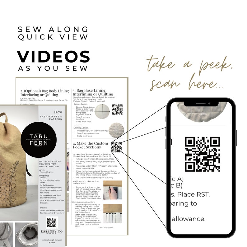 May include: A sewing pattern guide with the text "SEW ALONG QUICK VIEW VIDEOS AS YOU SEW." The guide includes instructions, diagrams, and a QR code. A smartphone displays a QR code. The pattern is for a "Sashiko & Sew" bag.