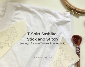 Sashiko Circles T-Shirt Stick and Stitch Patches - 2 Tops - beginner Sashiko Embroidery