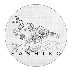 May include: Black and white illustration of a wave with the text "SASHIKO" and "WWW.EASENBY.CO" on a white background.