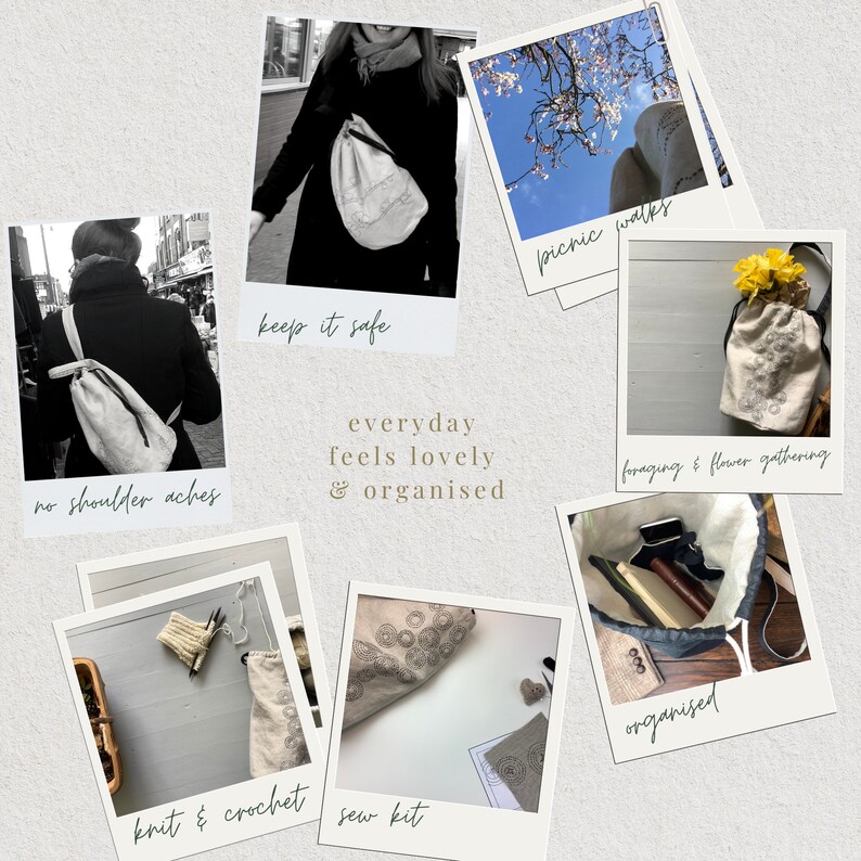 May include: A collage of images featuring a cream-colored drawstring bag with embroidered details. The bag is shown in various settings, including outdoor activities and craft projects. Text includes "keep it safe", "no shoulder aches", and "everyday feels lovely & organised."