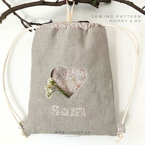 MOTIF DE COUTURE avec cordon de serrage pour sac à dos pour enfants | appliques nom et coeur | Boho maman moi | Cadeau pour elle | Correspondance | Liberty Londres | Lasenby.fr