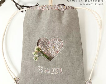 Kids Backpack Sewing Pattern: Applique Name & Heart Drawstring Bag (PDF Pattern)