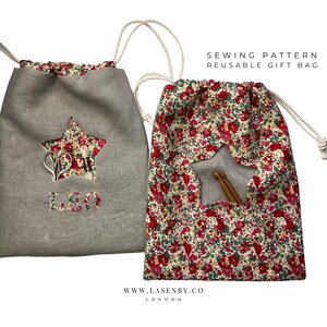 May include: Sewing pattern for a reusable gift bag with a star-shaped opening. The bag is made of linen and has a floral print. The pattern includes instructions for making a bag with a personalized name.