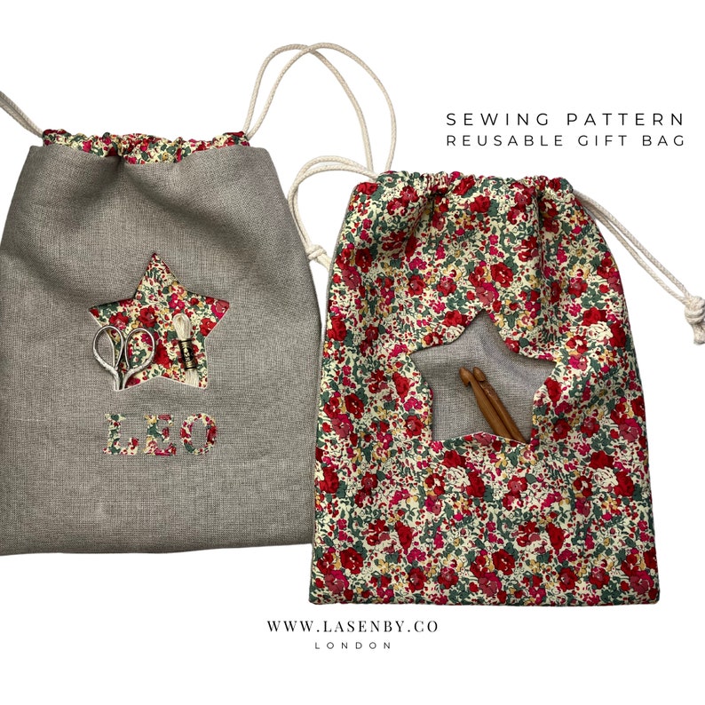 May include: Sewing pattern for a reusable gift bag with a star-shaped opening. The bag is made of linen and has a floral print. The pattern includes instructions for making a bag with a personalized name.