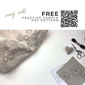May include: A beige mug mat with a stitched circular design, alongside a practice sample PDF pattern. The text "mug mat" is in cursive. A QR code is present. Additional sewing supplies are visible.