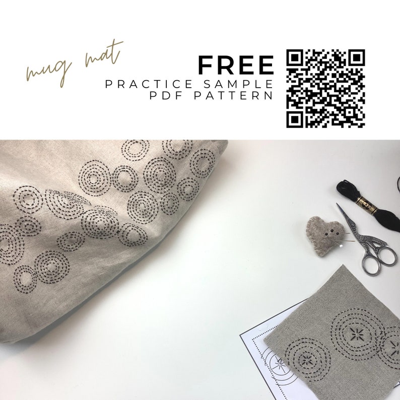 May include: A beige mug mat with a stitched circular design, alongside a practice sample PDF pattern. The text "mug mat" is in cursive. A QR code is present. Additional sewing supplies are visible.