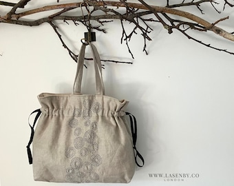 Sashiko Tote Sewing Pattern: Drawstring Bag with Pockets (PDF Pattern)