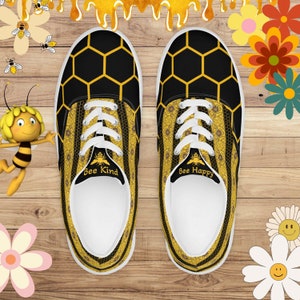 Bee Kind, Bee Happy Custom Sneakers, Unique Tennis Shoes, Bee Hive, Honey Comb, Save The Bees, School Supplies, Back TO School Shoes, Comfy