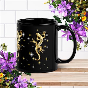 Good Luck Magic, Gecko Lizard, Golden Chameleon, Esoteric Talisman Black Glossy Mug