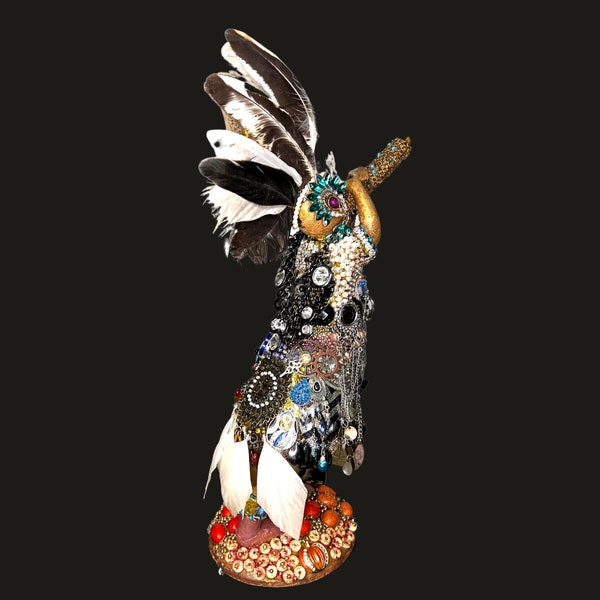 Handcrafted Jeweled Kokopeli Art Rhinestone Crystal With Bejeweled Cape and Real Feather Headdress