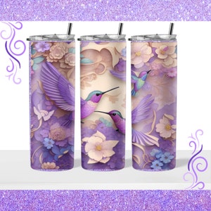 Hummingbird Tumbler, Hummingbirds In Flight, Violet and Pastel Colors,  Insulated Mug Hot  Cold 20oz, Purple Throated Carib Birds Papercut