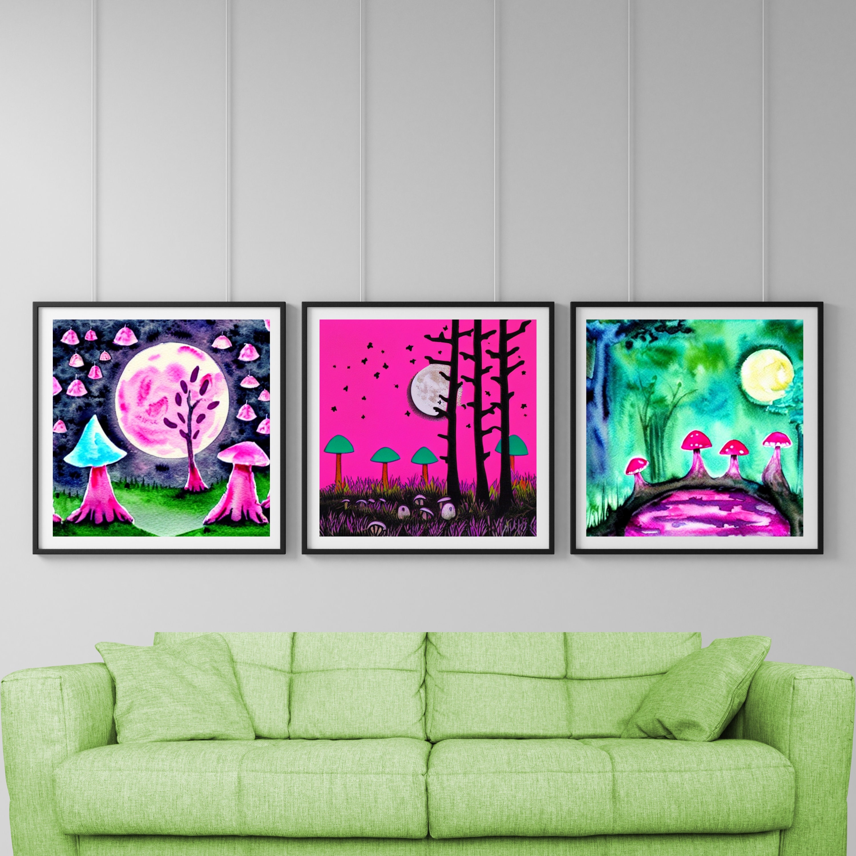 Neon Pink Mushroom Wall Art Room Decor Fantasy Trippy Psychedelic Home ...