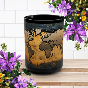 Mittelalterliche antike Weltkarte der Fantasy-Reise auf schwarzem Becher, 15oz für Geschichtsinteressierte