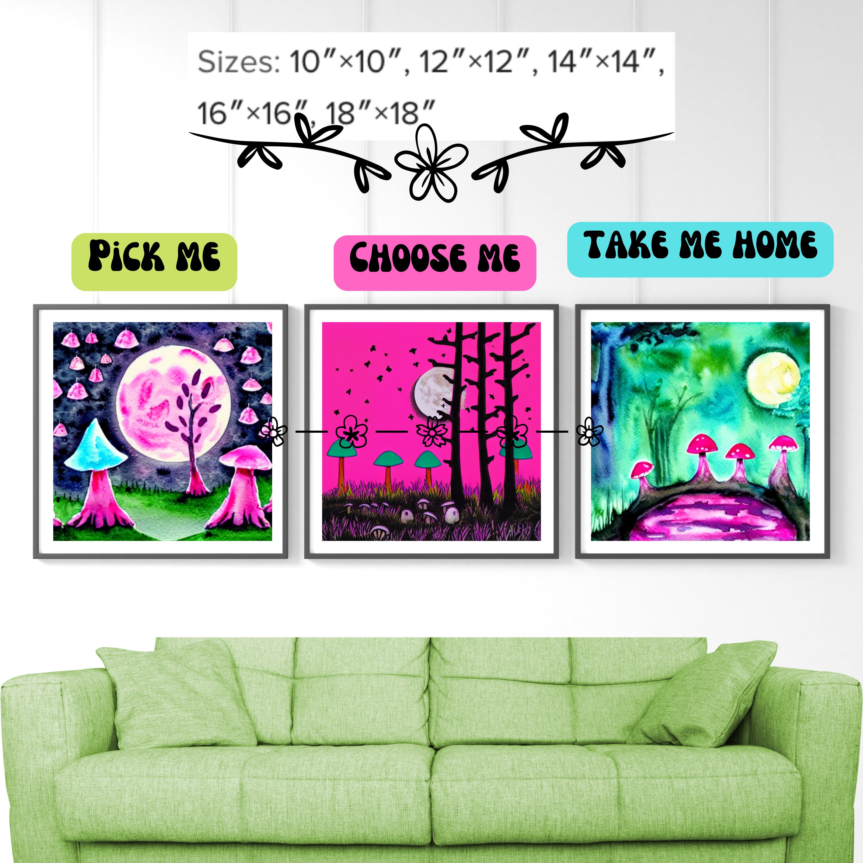 Neon Pink Mushroom Wall Art Room Decor Fantasy Trippy Psychedelic Home ...