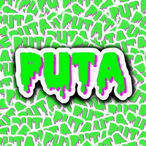 May include: A green and pink sticker with the word "PUTA" written in dripping letters. The sticker is surrounded by many other stickers with the same design.