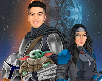 The Mandalorian,Mandalorian Portraits,star war,Cartoon family Portrait, Custom Family Portrait