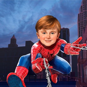 Puede incluir: Un ni&ntilde;o peque&ntilde;o vestido de Spiderman se balancea por la ciudad de noche. Lleva un traje de Spiderman rojo y azul con un logotipo de ara&ntilde;a en el pecho. Est&aacute; agarrado a una l&iacute;nea de telara&ntilde;a con la mano derecha y mira hacia la derecha. El horizonte de la ciudad es visible en el fondo.