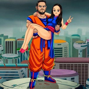 May include: Digital illustration of a man in an orange and blue outfit carrying a woman in a blue outfit. The background features a futuristic city with tall buildings and a cloudy sky. The woman is making a peace sign.