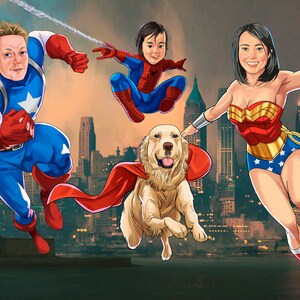 Puede incluir: Una familia de superh&eacute;roes en una ilustraci&oacute;n de estilo c&oacute;mic. Un hombre vestido como Capit&aacute;n Am&eacute;rica, una mujer vestida como Wonder Woman, un ni&ntilde;o vestido como Spiderman y un golden retriever con una capa roja. La familia est&aacute; volando frente a un paisaje urbano.