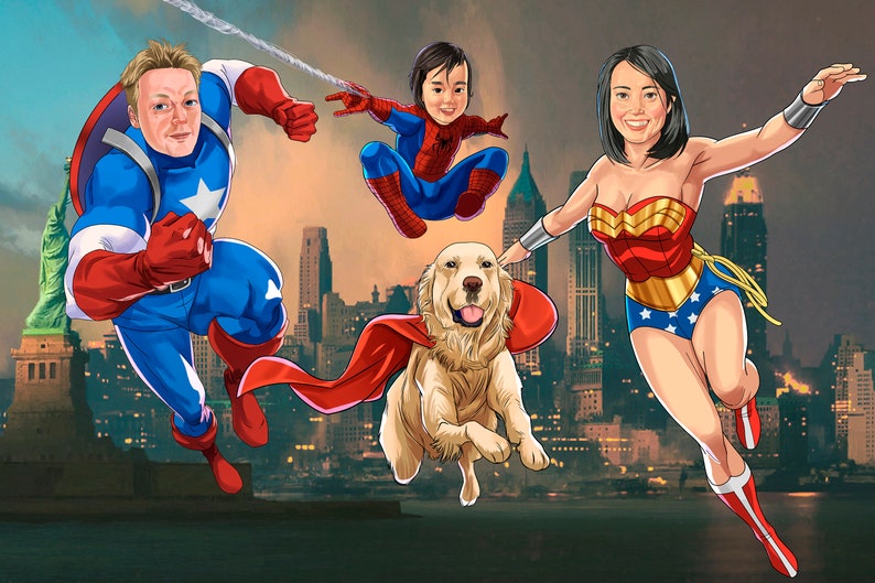 Puede incluir: Una familia de superh&eacute;roes en una ilustraci&oacute;n de estilo c&oacute;mic. Un hombre vestido como Capit&aacute;n Am&eacute;rica, una mujer vestida como Wonder Woman, un ni&ntilde;o vestido como Spiderman y un golden retriever con una capa roja. La familia est&aacute; volando frente a un paisaje urbano.