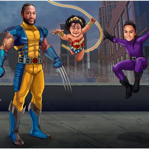 Puede incluir: Una ilustraci&oacute;n digital de tres personas vestidas como superh&eacute;roes. Un hombre est&aacute; vestido como Wolverine, una ni&ntilde;a est&aacute; vestida como Wonder Woman y una ni&ntilde;a est&aacute; vestida como una superhero&iacute;na morada. El fondo es una ciudad.