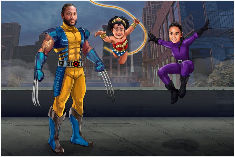 Puede incluir: Una ilustraci&oacute;n digital de tres personas vestidas como superh&eacute;roes. Un hombre est&aacute; vestido como Wolverine, una ni&ntilde;a est&aacute; vestida como Wonder Woman y una ni&ntilde;a est&aacute; vestida como una superhero&iacute;na morada. El fondo es una ciudad.