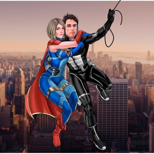 Puede incluir: Una mujer y un hombre vestidos de superh&eacute;roes est&aacute;n volando por el aire frente a un horizonte urbano. La mujer lleva una capa roja y un traje azul y dorado. El hombre lleva un traje negro con una franja azul.