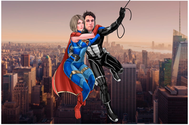 Puede incluir: Una mujer y un hombre vestidos de superh&eacute;roes est&aacute;n volando por el aire frente a un horizonte urbano. La mujer lleva una capa roja y un traje azul y dorado. El hombre lleva un traje negro con una franja azul.
