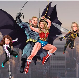 Puede incluir: Una familia de cuatro personas vestidas como superh&eacute;roes, volando sobre una ciudad. El padre est&aacute; vestido como Batman, la madre est&aacute; vestida como Wonder Woman, la hija est&aacute; vestida como Spider-Woman y el hijo est&aacute; vestido como Ant-Man.