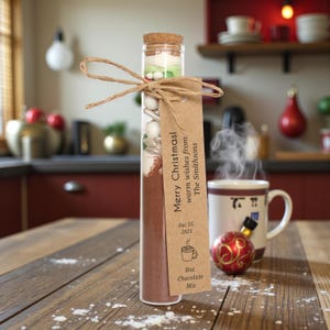 May include: A glass tube containing hot chocolate mix, sealed with a cork and tied with twine. A brown tag reads "Merry Christmas! warm wishes from The Smithsons." A mug and Christmas bauble are nearby.