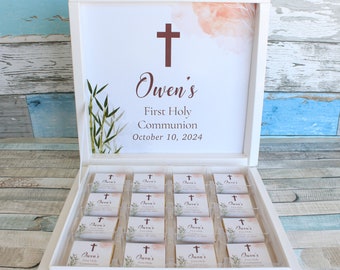 Caja de chocolates para la primera comunión, regalo para invitados, regalos de comunión para niños, regalos de comunión para niñas, linda primera comunión, floral, personalizada