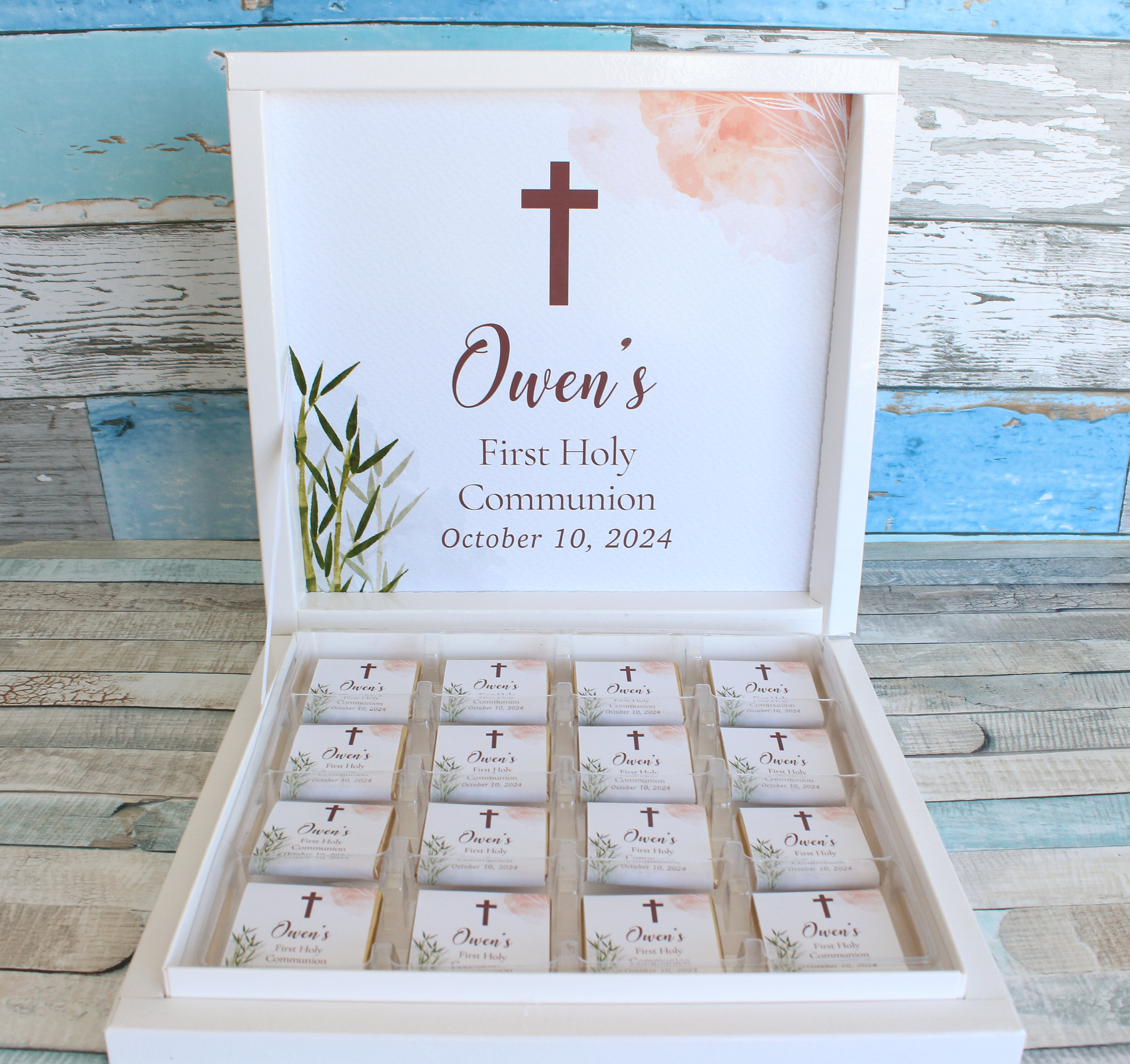 First Holy Communion Chocolate Box, Gift for Guest, Boy Communion Favors, Girl Communion Favors,  Cute First Holy Communion, Floral, Custom
