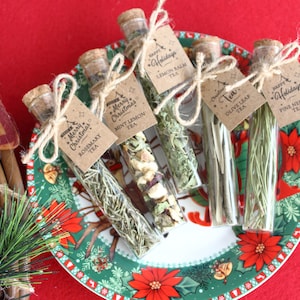 May include: A festive arrangement of tea samples in clear glass tubes with cork stoppers, tied with twine and labeled with tags. The tags read "Merry Christmas" and "Happy Holidays" with tea names like Rosemary, Mint Lemon, Lemon Balm, Olive Leaf, and Pine Needle Tea. The tubes are arranged on a Christmas-themed plate.