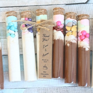 May include: Eight glass test tubes filled with different colored candies and powders, tied with twine and a brown paper tag that reads "Thank You! Zena & Amino March 12, 2023 Hot Chocolate Mix".