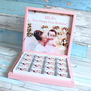 Chocolate de feliz cumpleaños, regalos, primer cumpleaños, mini chocolate con foto personalizada, cumpleaños de niña personalizado, cumpleaños de niño personalizado, regalos de niña bebé