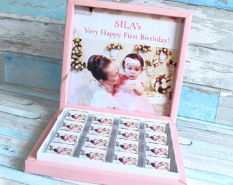 Joyeux anniversaire chocolat, faveurs, premier anniversaire, Photo personnalisée Mini chocolat, anniversaire fille personnalisé, anniversaire garçon personnalisé, faveurs de bébé fille