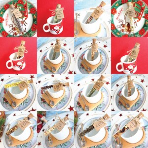 May include: A collection of tea-filled glass tubes with cork stoppers, each tied with twine and a small tag. The tubes are displayed with white teacups, spoons, and Christmas-themed plates and mugs. The tea varieties include herbs and flowers.