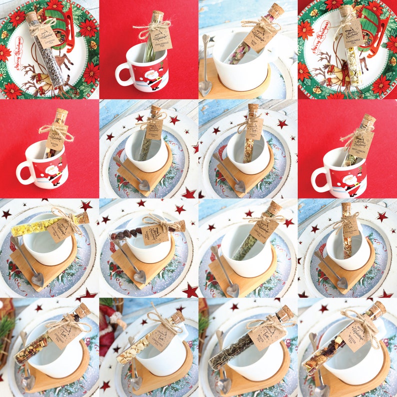 May include: A collection of tea-filled glass tubes with cork stoppers, each tied with twine and a small tag. The tubes are displayed with white teacups, spoons, and Christmas-themed plates and mugs. The tea varieties include herbs and flowers.