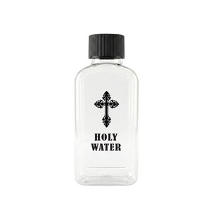 May include: A clear plastic bottle with a black screw-top cap. The front of the bottle features a black graphic of an ornate cross positioned above the text "HOLY WATER" printed in a bold, black, serif font. The bottle has a rectangular shape.