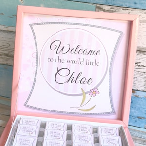 Chocolat nouveau-né, Chocolat de bienvenue, Cadeau bébé personnalisé, Chocolat bébé personnalisé, Chocolat pour invités, cadeau bébé fille