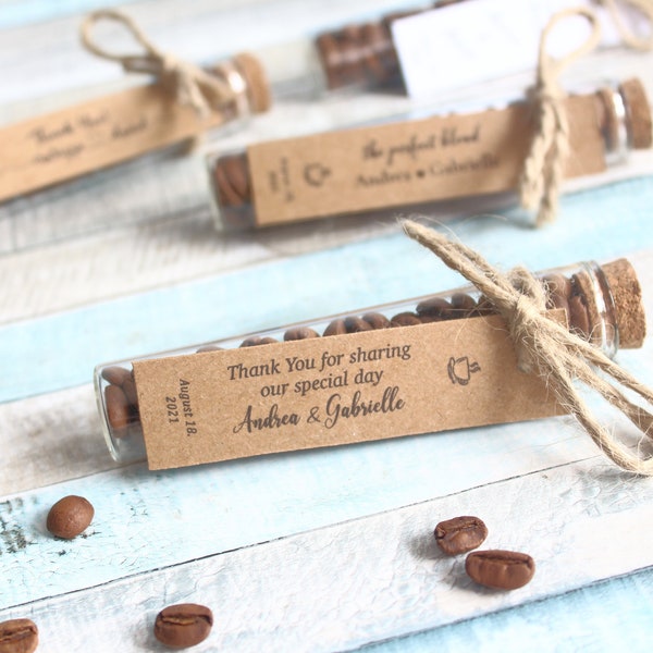 Wedding Coffee Favor for Guests, The perfect Blend, Personalized Coffee Party Favors, Wedding Thank you gifts, Glass Tube, Coffee Glass Bags