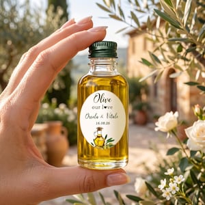 Pode incluir: Uma pequena garrafa de vidro transparente cheia de azeite dourado, com uma tampa de rosca verde-escura e um rótulo redondo branco. O rótulo apresenta o texto Olive our love, Orsola & Vitale, 16.08.26 e uma ilustração de uma galheta de azeite.