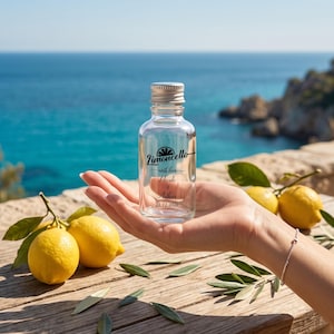 May include: A small, clear glass bottle with a silver screw cap, featuring black printed text that reads Limoncello with love Nicole & Arthur 25.12.2026, positioned near fresh yellow lemons with green leaves on a wooden surface.