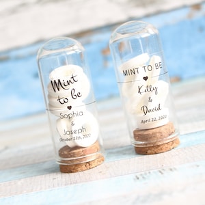 Mint to Be Favors, Custom mints, Personalized Wedding Favors for guests, Glass Bottle, Bridal Shower Favors, Unique Wedding Mint favors