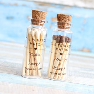 Custom Matches, The perfect match, Glass Bottle, Custom Label, Wedding Favors for Guests, match bottle with striker, Personalization Matches