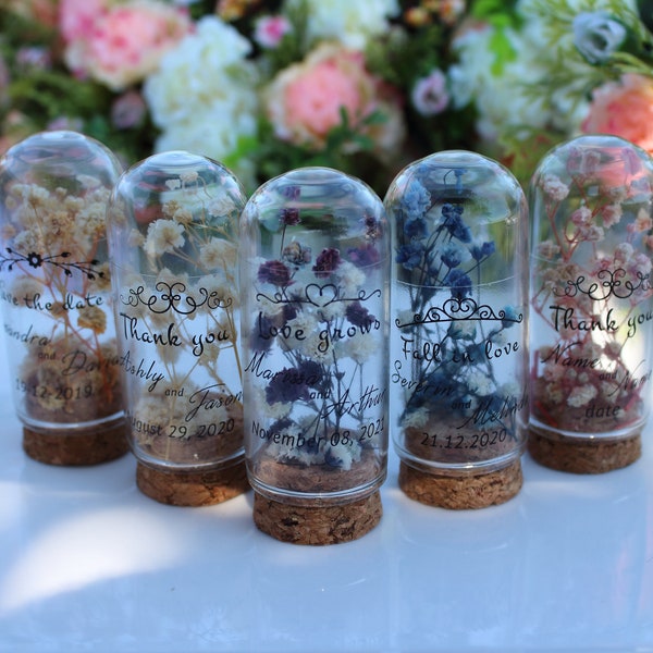 Wedding favors for guests, thank you favors, personalized favors, glass dome favors, bulk favors, cheap favors, real dried flowers
